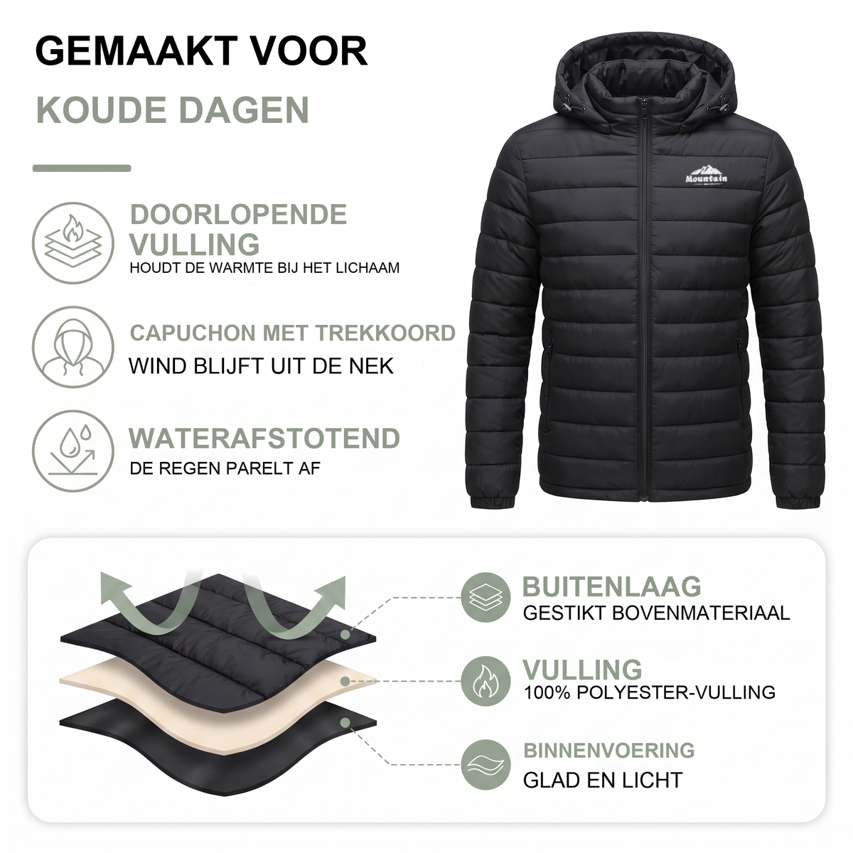 Heren winterjas met capuchon, gewatteerd in het zwart