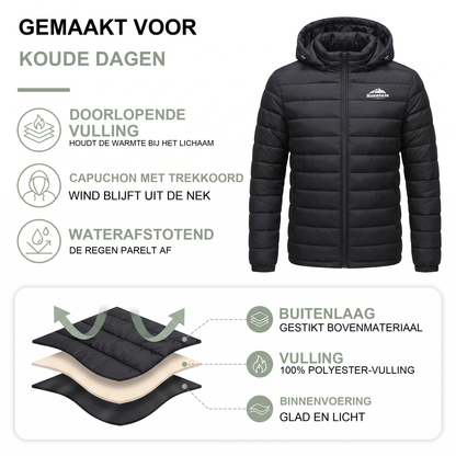 Heren winterjas met capuchon, gewatteerd in het zwart