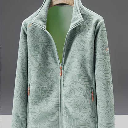 Dames fleece jas met opstaande kraag en bladprint