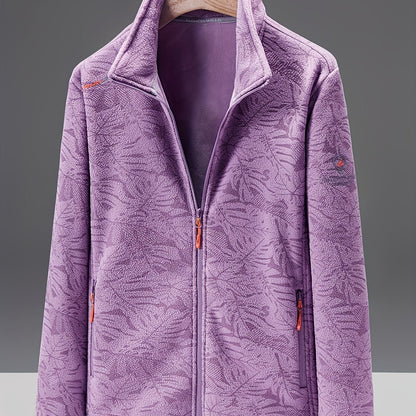 Dames fleece jas met opstaande kraag en bladprint