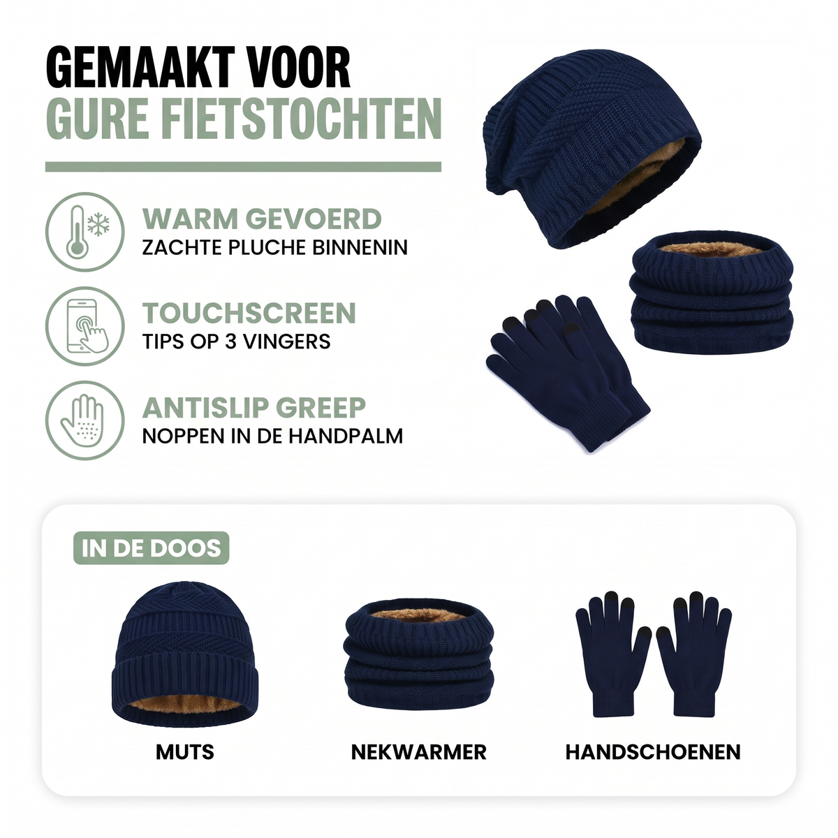 Wintermuts heren in 3-delige set met nekwarmer en handschoenen, zachte pluche voering en touchscreen-tips
