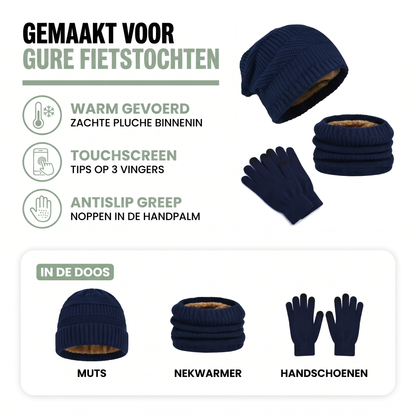 Wintermuts heren in 3-delige set met nekwarmer en handschoenen, zachte pluche voering en touchscreen-tips