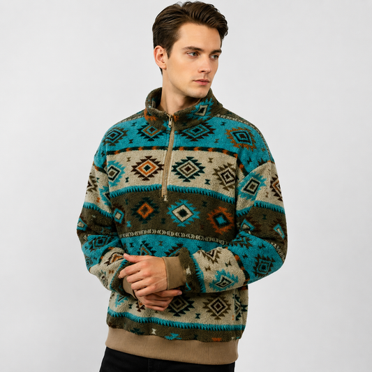 Fleece Trui Heren - Half-Zip - Dik Fleece met Ethnisch Patroon