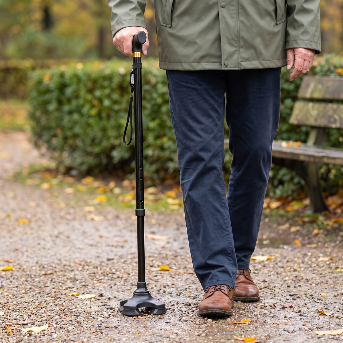 Wandelstok voor ouderen met 4-poots voet in gebruik op een grindpad in het park