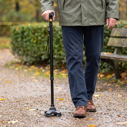 Wandelstok voor ouderen met 4-poots voet in gebruik op een grindpad in het park