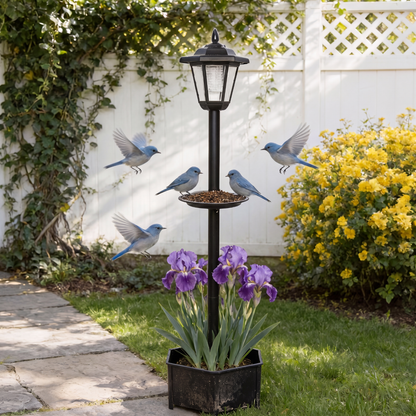 3-in-1 Solar Tuinlantaarn met Vogelvoederbak & Bloempot – Automatisch, Sfeervol, voor Buiten