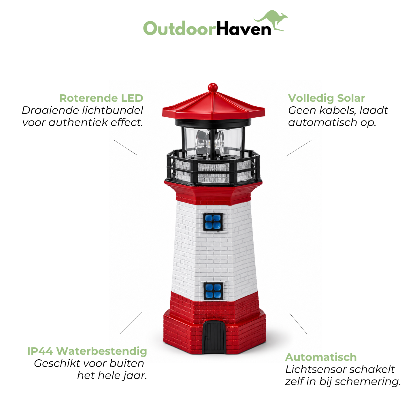 Solar Vuurtoren Tuinlamp – Roterende LED, IP44, Decoratief voor Tuin & Erf