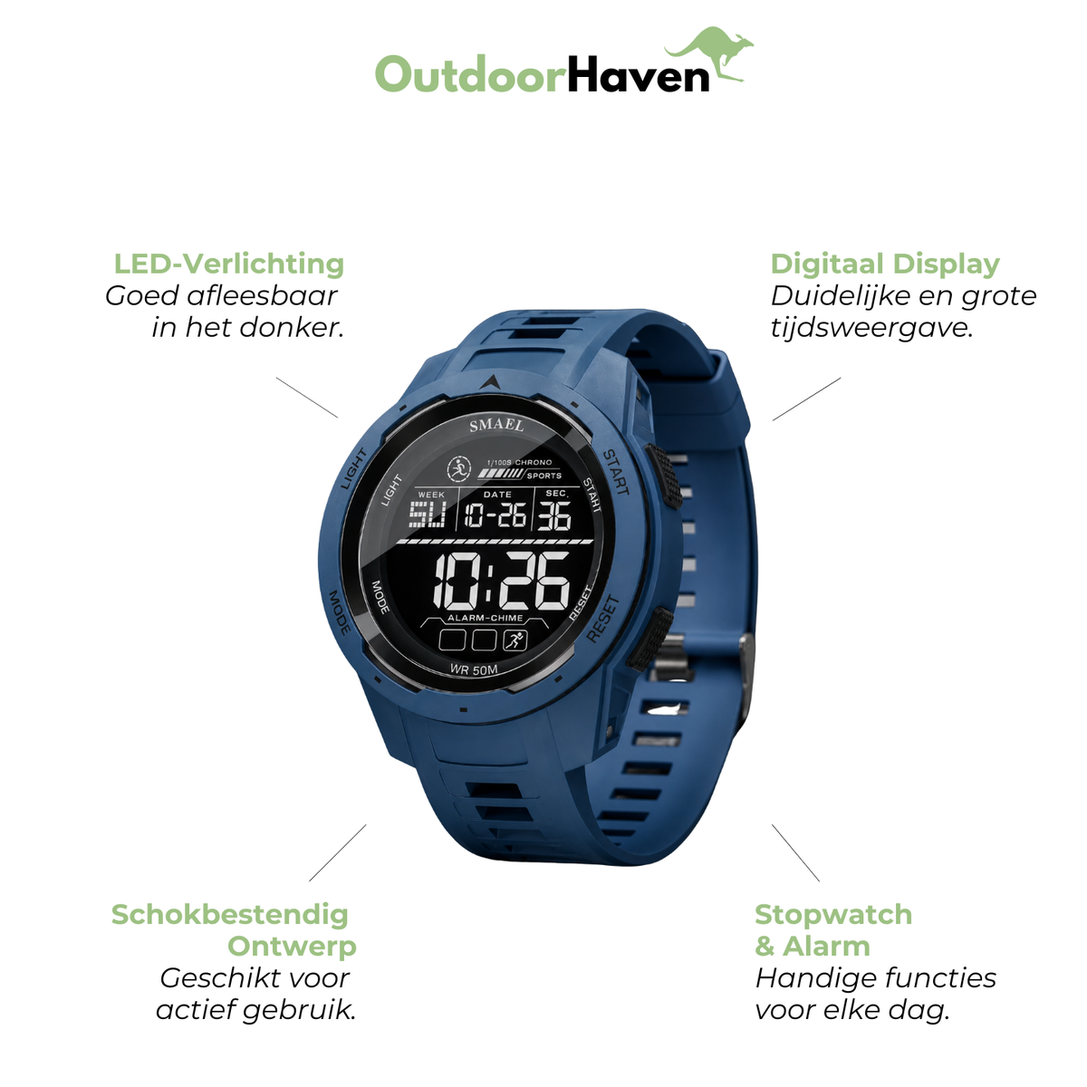 Heren Digitaal Sporthorloge – LED-verlichting – Stopwatch & Alarm