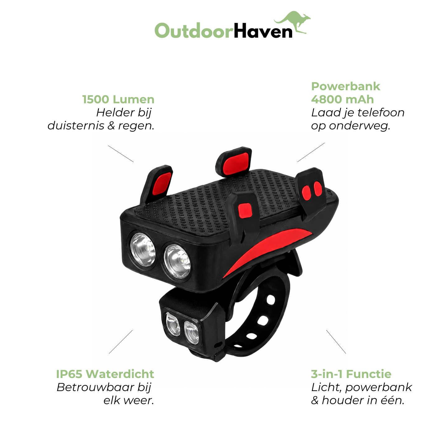 Fietsverlichting met Telefoonhouder & Powerbank – 3-in-1