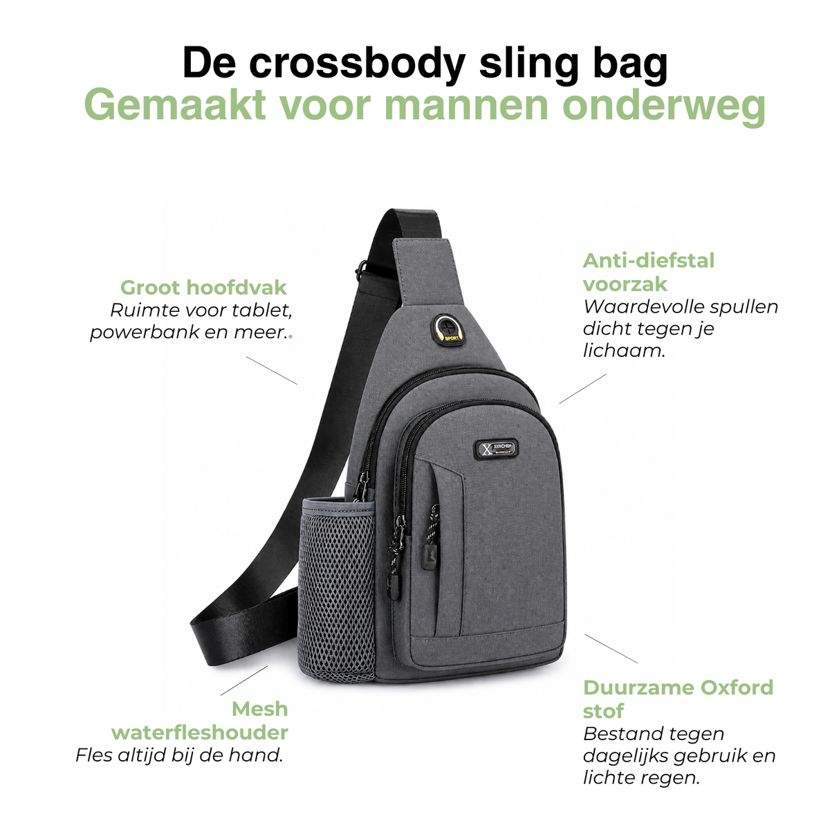Heren Sling Chest Bag - Waterfles Houder Multi-Pocket - Crossbody Schoudertas Reizen