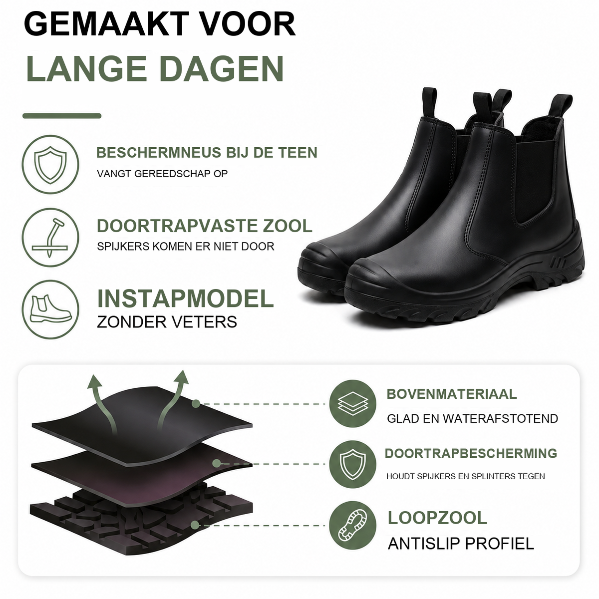 Werkschoenen Heren - Beschermkap en Doortrapvaste Zool - Instapmodel