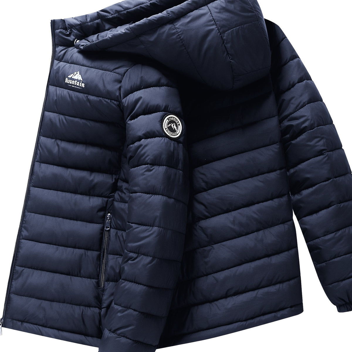 Heren winterjas met capuchon, gewatteerd in het zwart