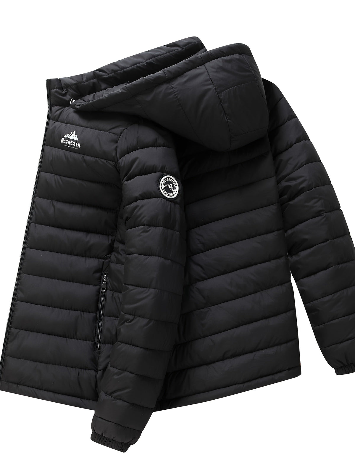 Heren winterjas met capuchon, gewatteerd in het zwart