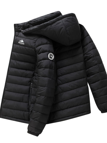 Heren winterjas met capuchon, gewatteerd in het zwart