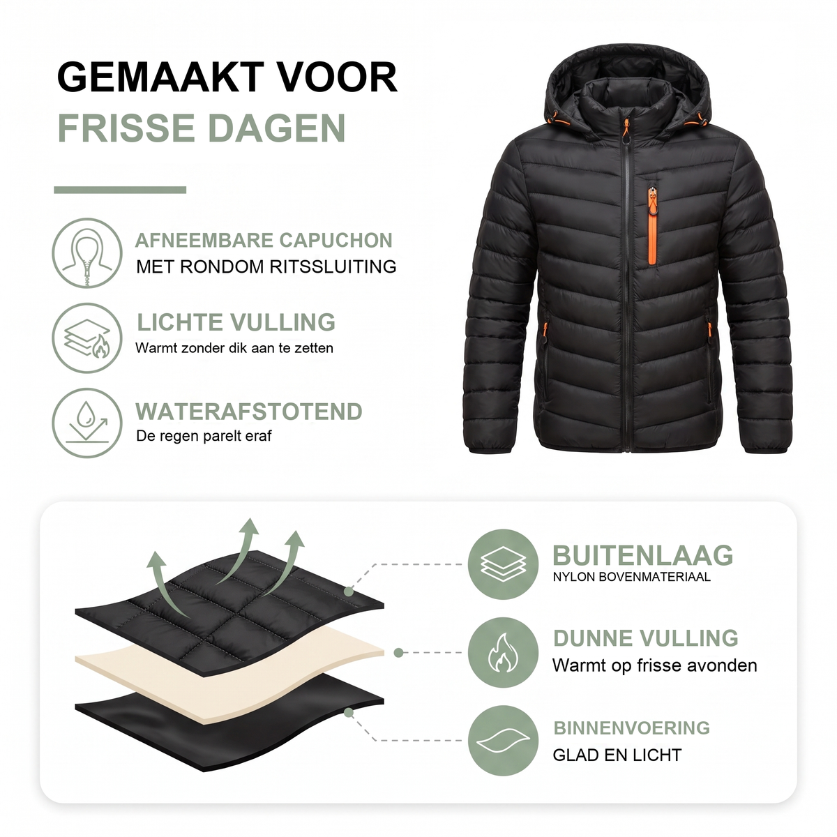 Overgangsjas heren met afneembare capuchon en staande kraag