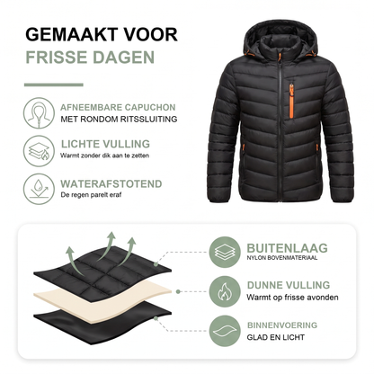 Overgangsjas heren met afneembare capuchon en staande kraag