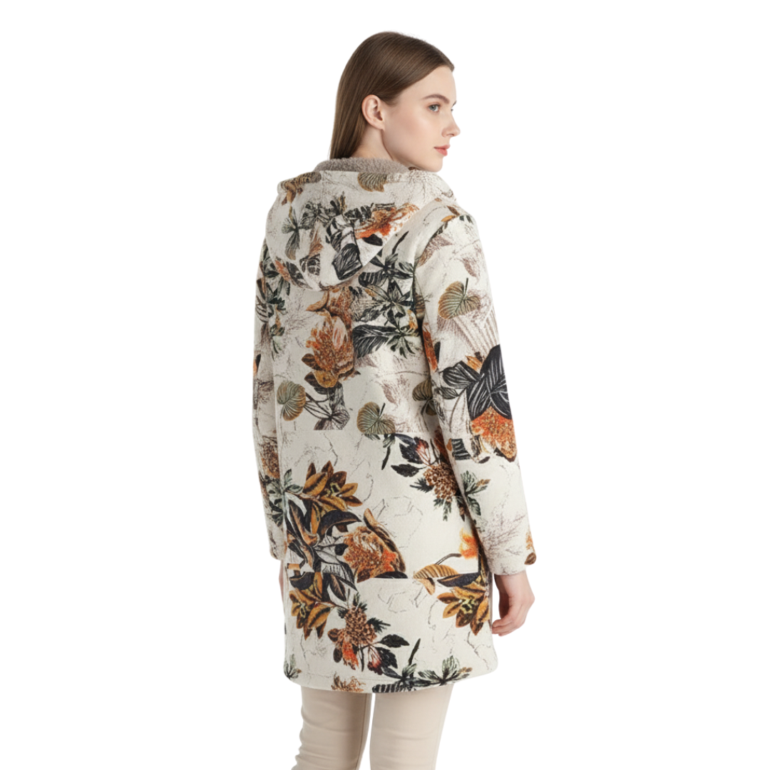 Lange winterjas dames met bloemenprint en capuchon