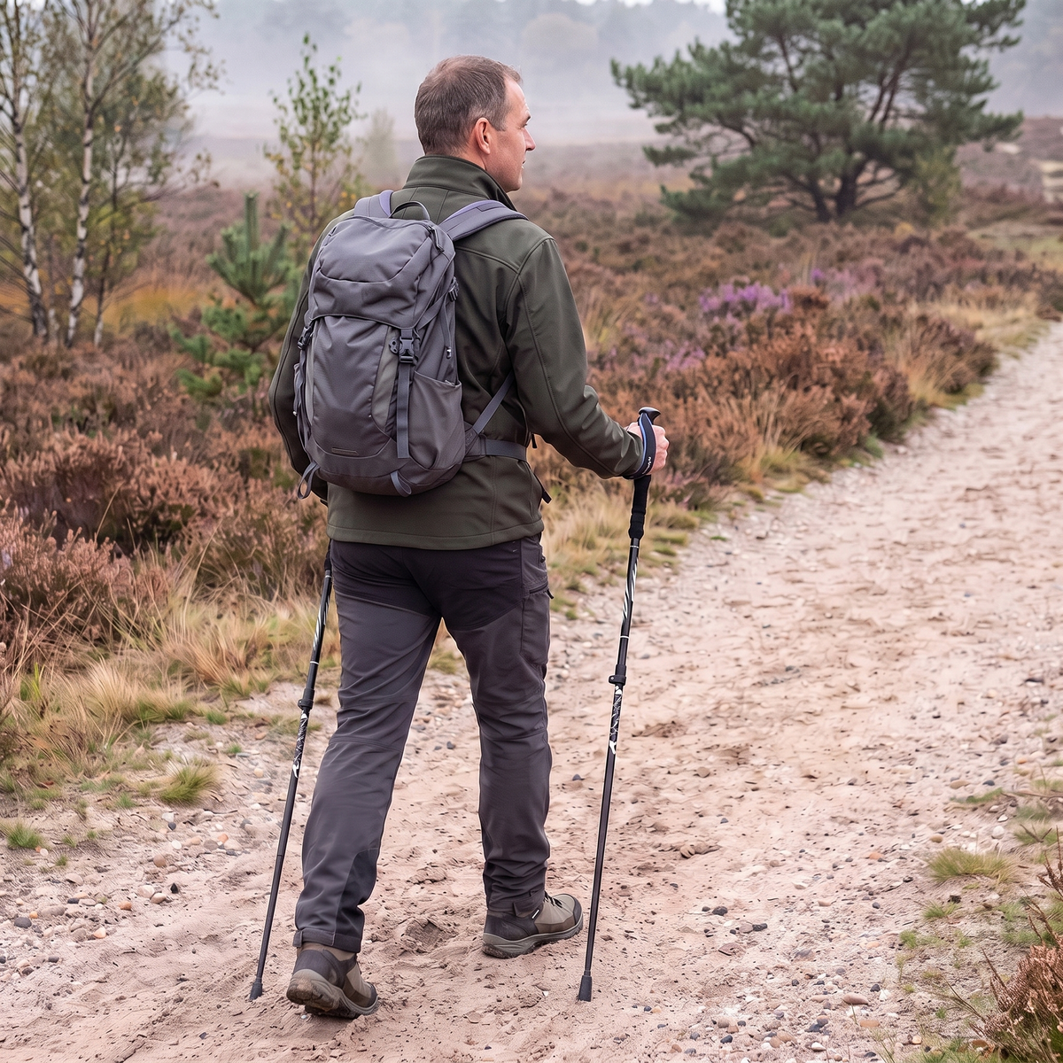 Wandelaar met rugzak loopt met opvouwbare wandelstokken over een zandpad op de heide