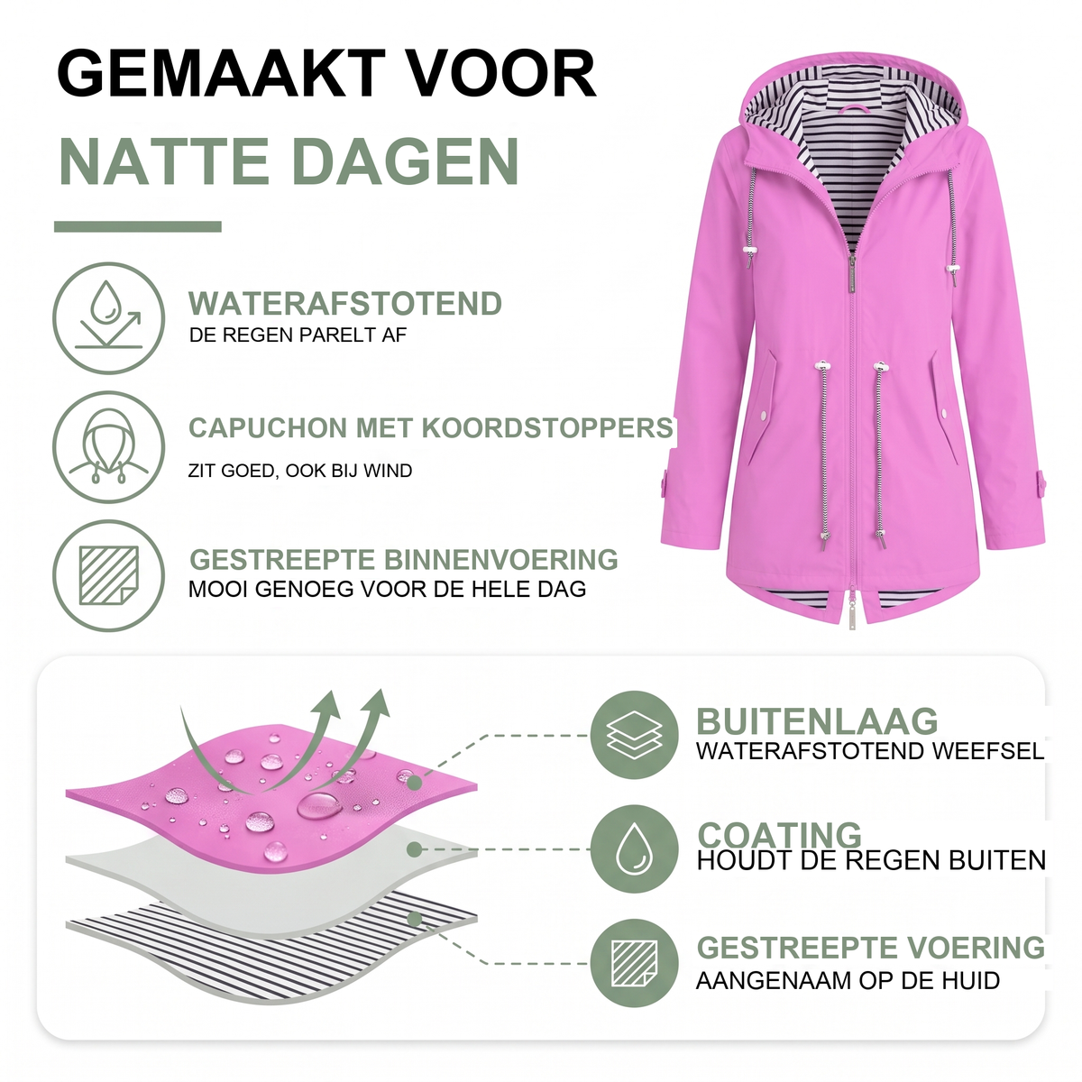 Regenjas voor dames met capuchon en gestreepte voering