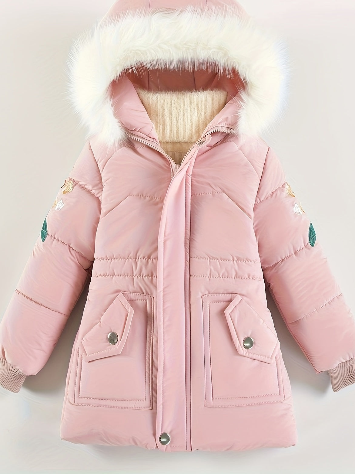 Meisjes winterjas parka met bontcapuchon in roze