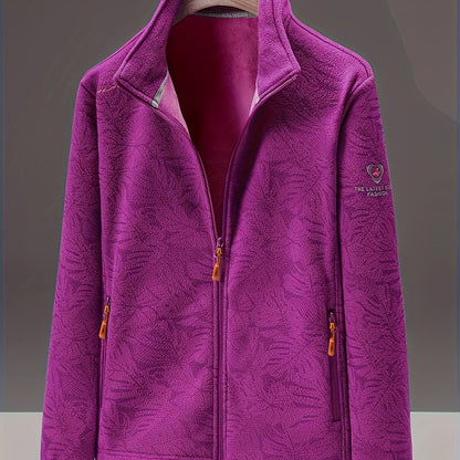Dames fleece jas met opstaande kraag en bladprint