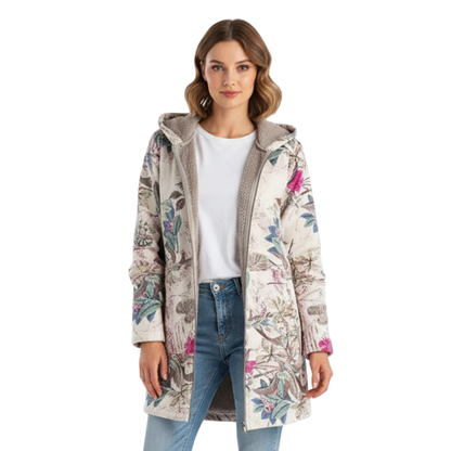 Lange winterjas dames met bloemenprint en capuchon