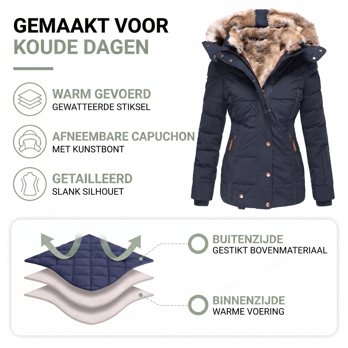 Winterjas Dames - Getailleerd - Afneembare Kap met Bont