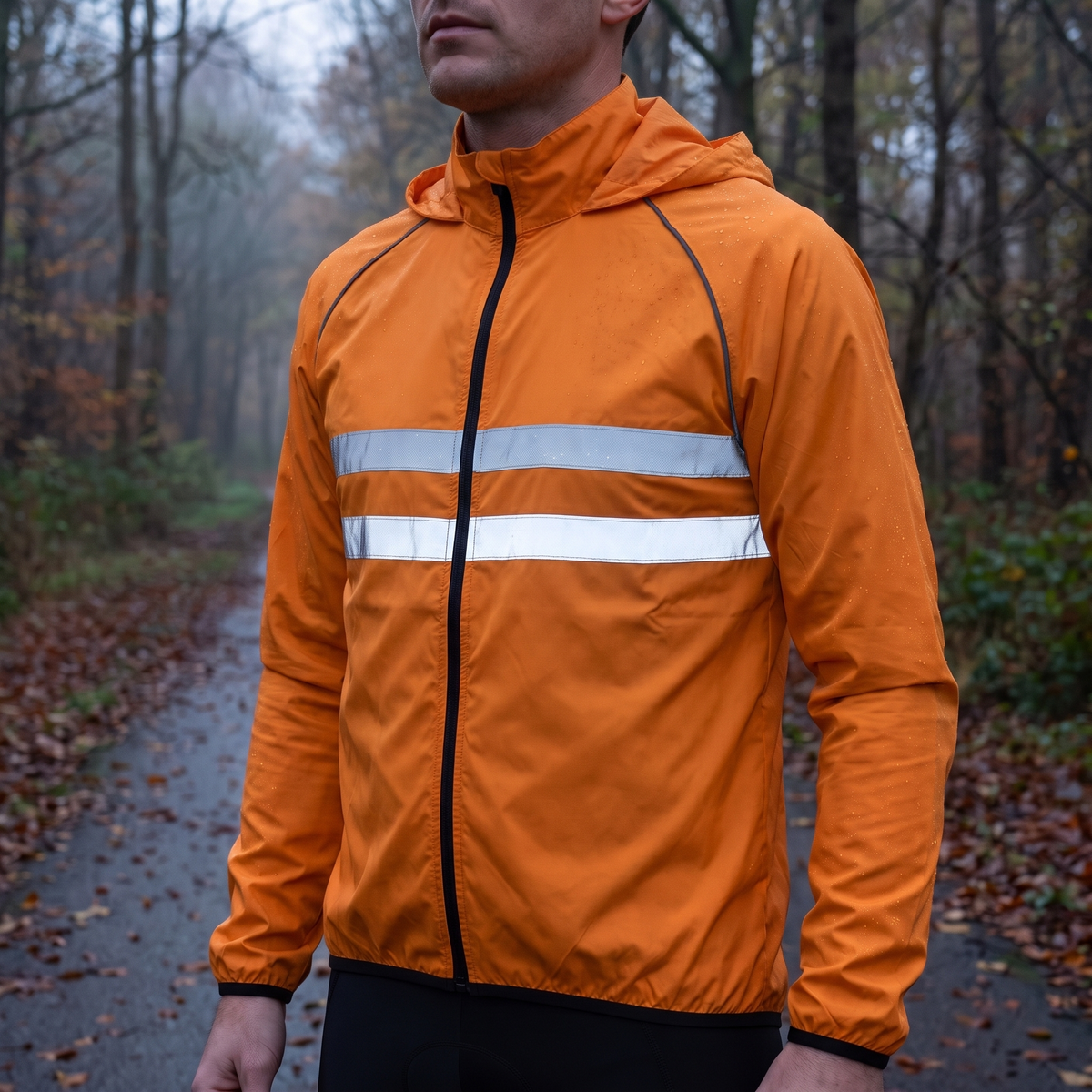 Fietsjas heren reflecterend in oranje gedragen op een nat bospad in de schemering