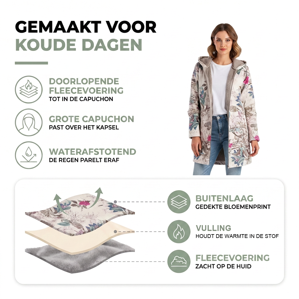 Lange Winterjas Dames met Capuchon - Fleecevoering - Bloemenprint