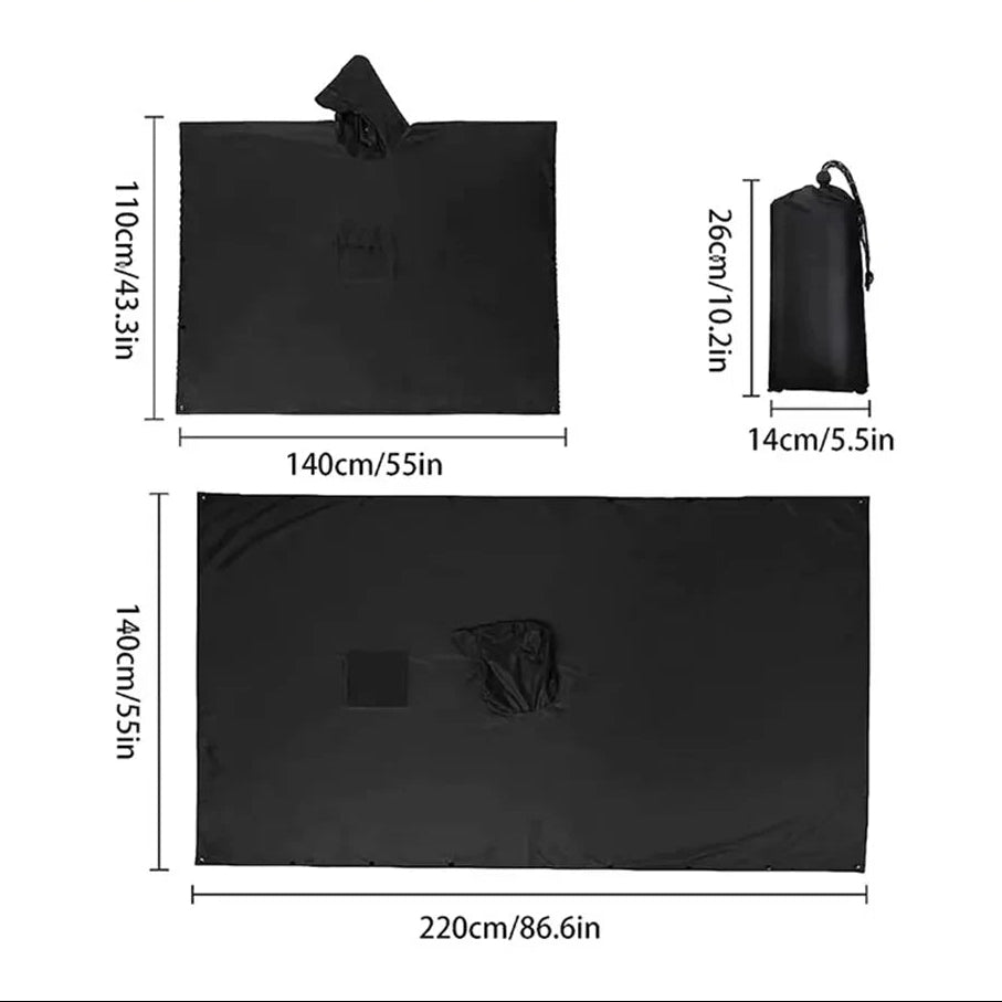 Regenponcho waterdicht met capuchon, inzetbaar als tarp