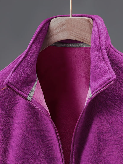 Dames fleece jas met opstaande kraag en bladprint