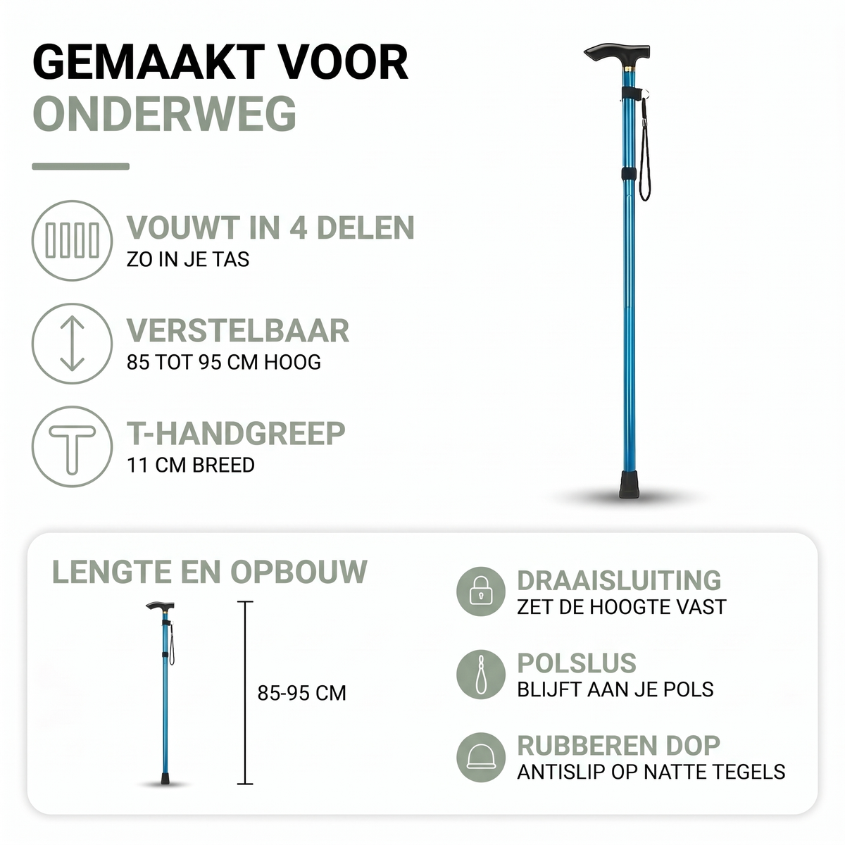 Opvouwbare wandelstok, in hoogte verstelbaar van 85 tot 95 cm, vouwt in vier delen, met T-handgreep en polslus