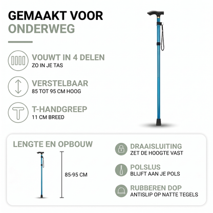 Opvouwbare wandelstok, in hoogte verstelbaar van 85 tot 95 cm, vouwt in vier delen, met T-handgreep en polslus