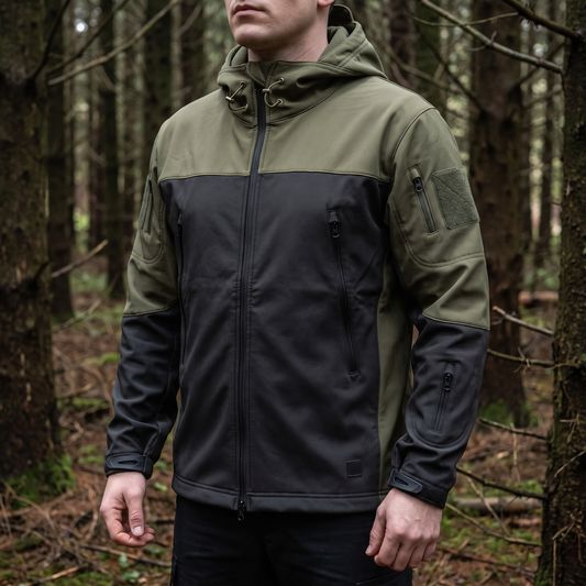 Gevoerde softshell jas heren met capuchon in camouflage