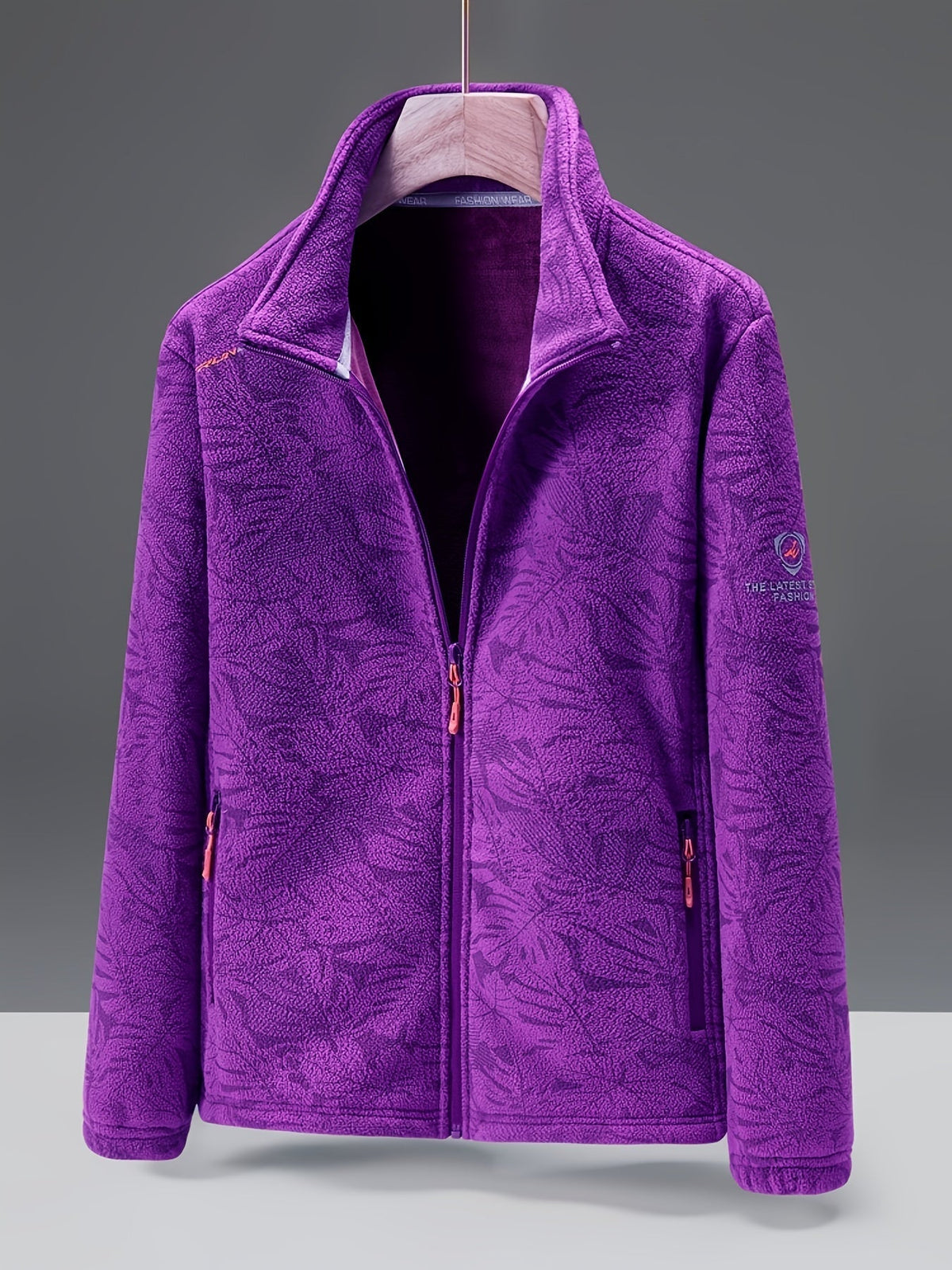 Dames fleece jas met opstaande kraag en bladprint