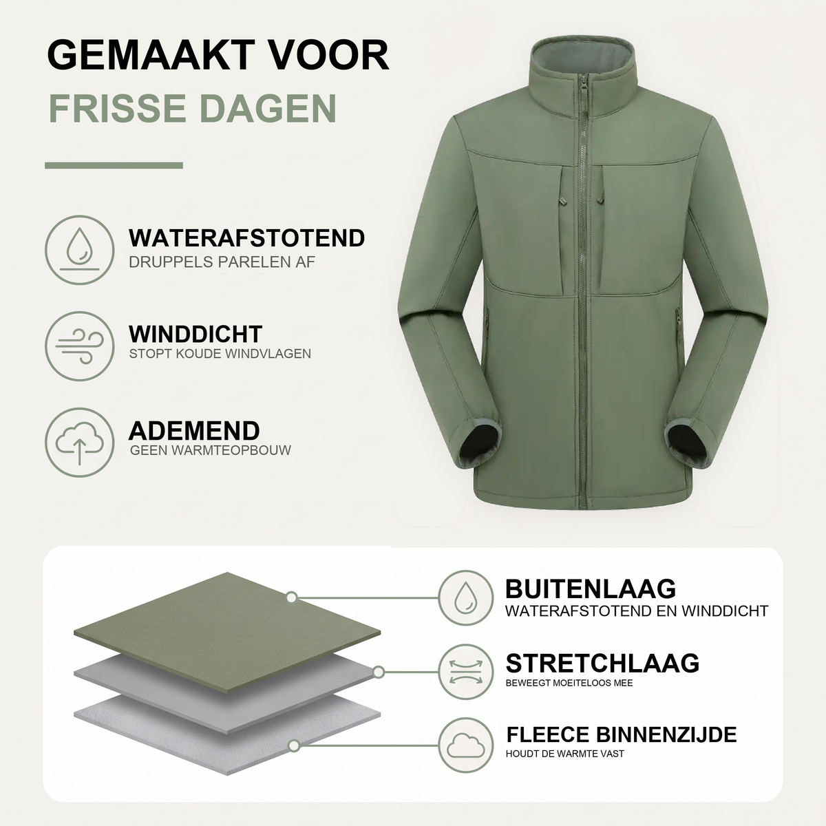 Softshell jas heren met fleece voering en staande kraag