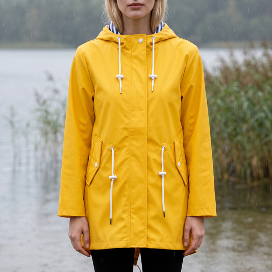 Regenjas dames lang met visstaartzoom en capuchon
