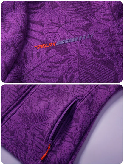Dames fleece jas met opstaande kraag en bladprint