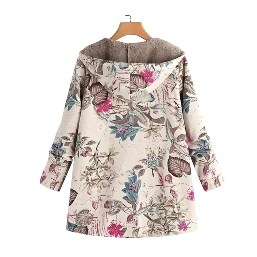 Lange winterjas dames met bloemenprint en capuchon