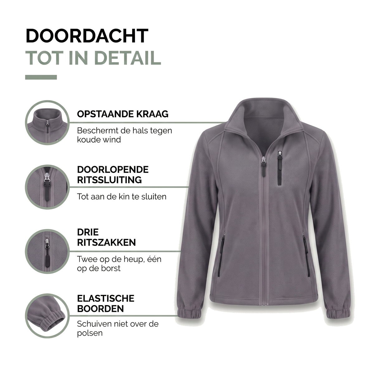 Grijze dames fleece jas met opstaande kraag