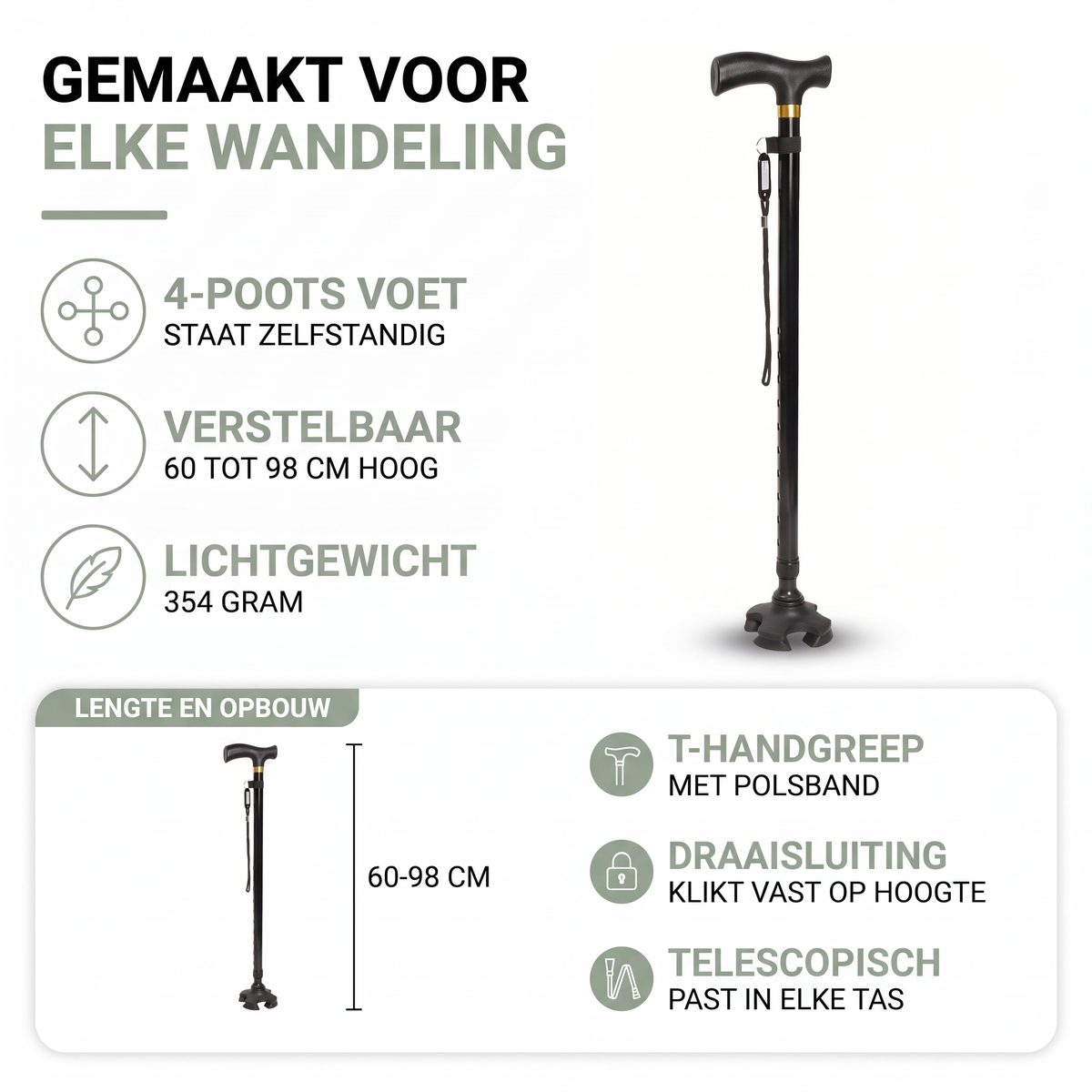 Wandelstok voor ouderen: 4-poots voet, verstelbaar 60-98 cm, 354 gram, lengte en opbouw
