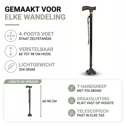 Wandelstok voor ouderen: 4-poots voet, verstelbaar 60-98 cm, 354 gram, lengte en opbouw