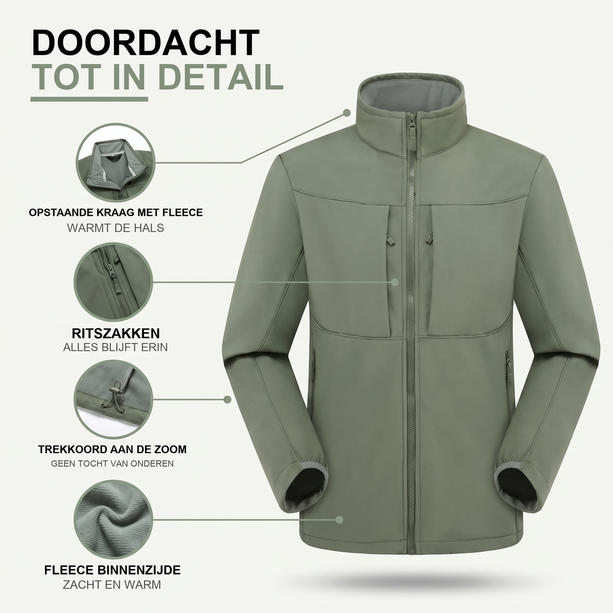 Softshell jas heren met fleece voering en staande kraag