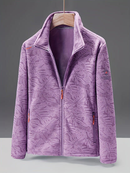 Dames fleece jas met opstaande kraag en bladprint