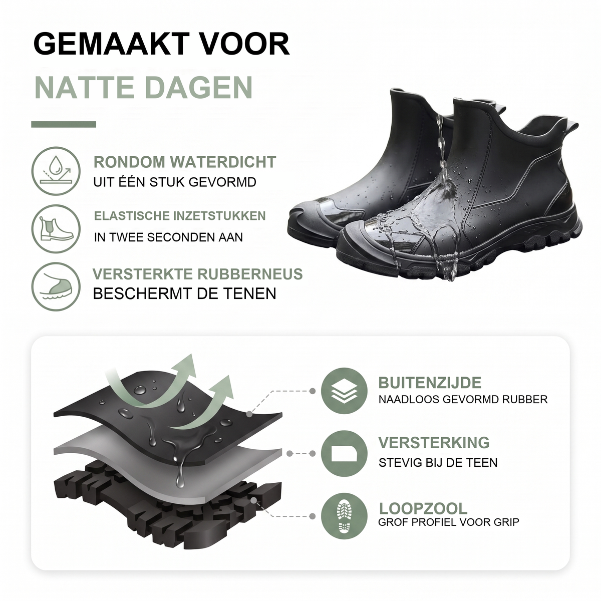 Korte heren regenlaarzen enkelhoog met elastische instap
