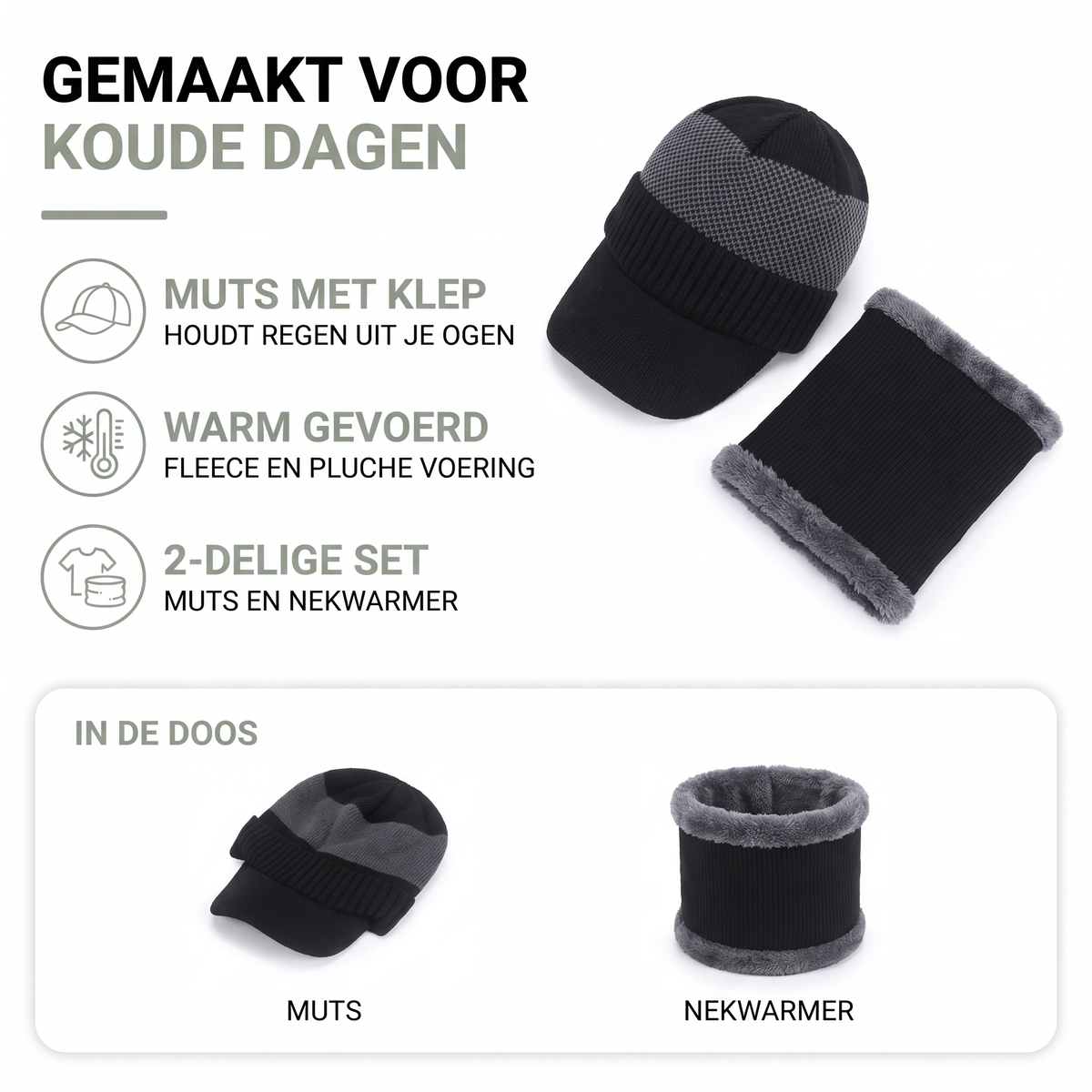 Wintermuts heren met klep en pluche gevoerde nekwarmer, 2-delige set met kenmerken