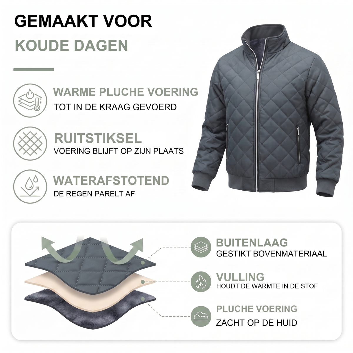Gewatteerde heren jas met opstaande kraag