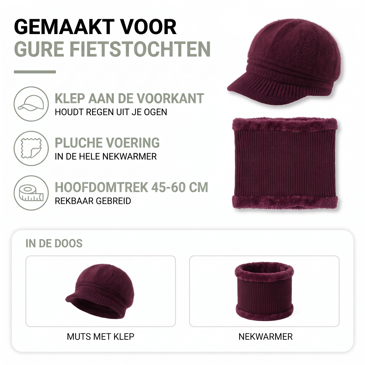 Muts met klep dames met nekwarmer: klep aan de voorkant, pluche voering en hoofdomtrek 45-60 cm