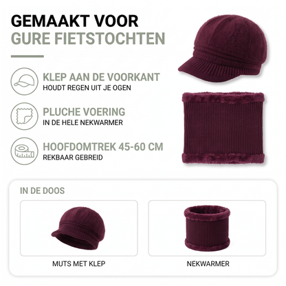 Muts met klep dames met nekwarmer: klep aan de voorkant, pluche voering en hoofdomtrek 45-60 cm