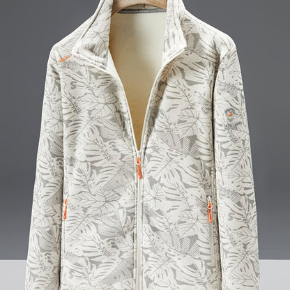 Dames fleece jas met opstaande kraag en bladprint
